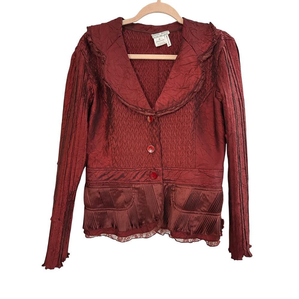 ALBERTO MAKALI Vintage Crinkle Pleated Dark Red Burgundy Fairy Whimsigoth Jacket
